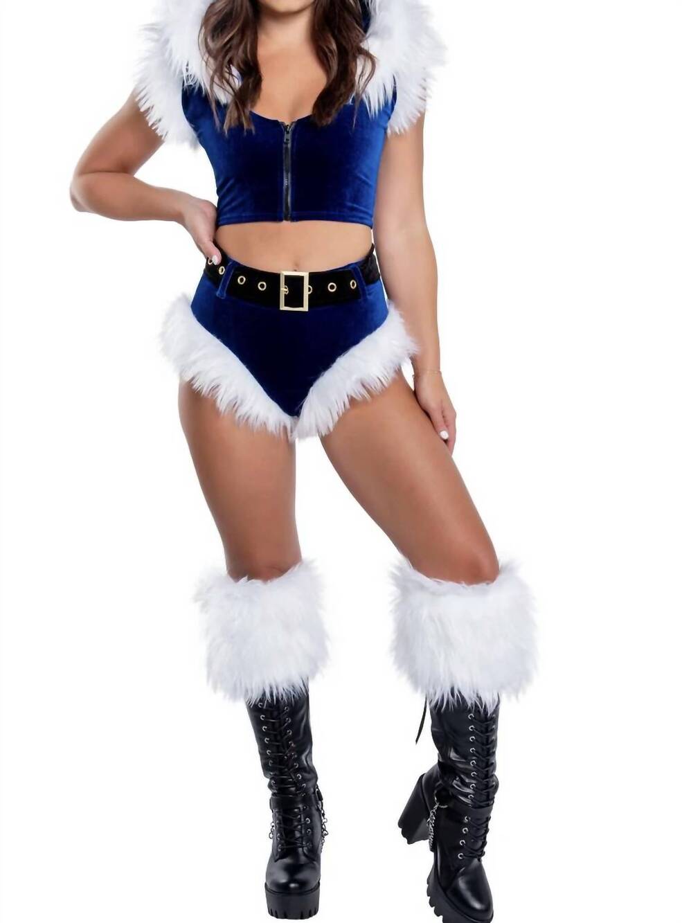 NEW J. VALENTINE fur trim high waist belted shorts in royal blue/white